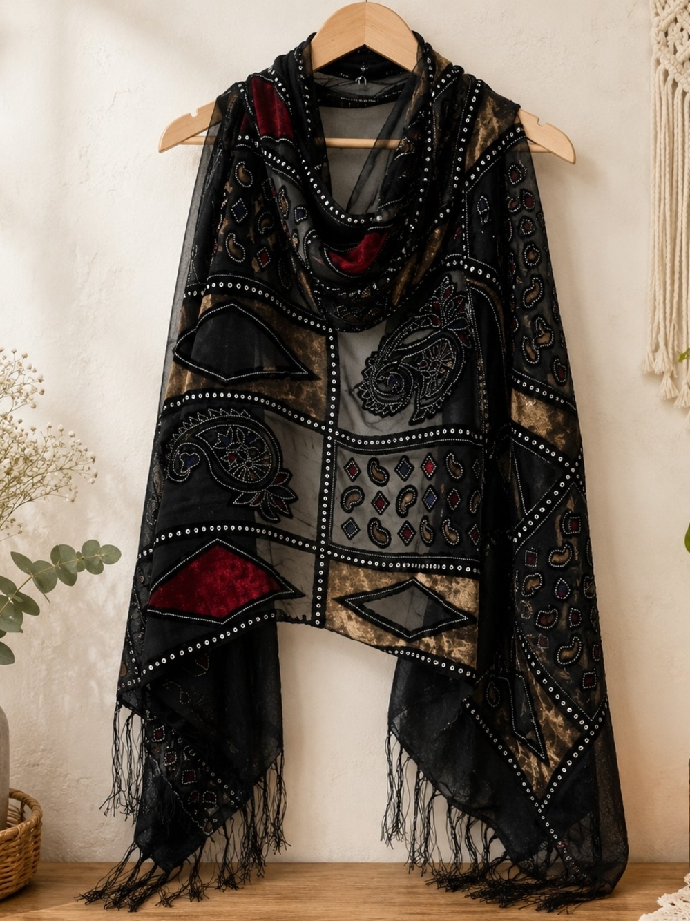 Boho Sheer Velvet Paisley Scarf Black Burgundy Fringe 64” L x 20” W